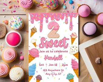 Two Sweet Birthday Invitation Template, Editable Canva Template, 2 Sweet Party Invite, Girls 2nd Birthday, Two Sweet Ice Cream Party Theme