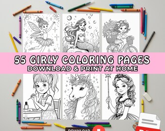 55 Girly Coloring Pages, Cute Printable Coloring Books, Digital Download, Princess Coloring Sheets, Digital Coloring Book for Girls
