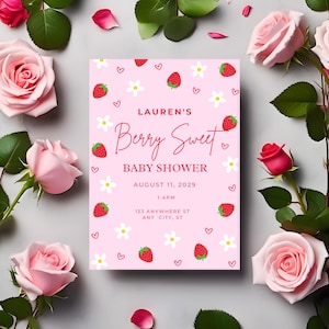 Beere Süße Babypartyeinladung, bearbeitbare Canva-Vorlage, Erdbeer-Thema Baby einladen, Erdbeer-Mädchen-Babyparty-Gewohnheit einladen