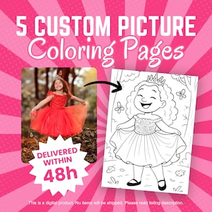 5 Custom Coloring Pages, Personalized Coloring Photos, Five Custom Photo Coloring Pages, Digital File, Printable Coloring Book, Picture Gift