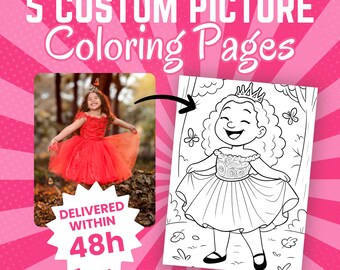 5 Custom Coloring Pages, Personalized Coloring Photos, Five Custom Photo Coloring Pages, Digital File, Printable Coloring Book, Picture Gift