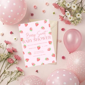 Zoete babyshoweruitnodiging Berry, bewerkbare canvassjabloon, babyshower aardbei, uitnodiging babyshower aardbei, babyfeestje aardbei, aangepaste uitnodiging