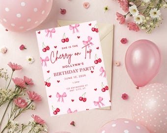 Invito di compleanno "Lei è la ciliegina sulla torta", festa di compleanno per ragazze a tema ciliegia, modello Canva modificabile, invito a tema ciliegia rosa