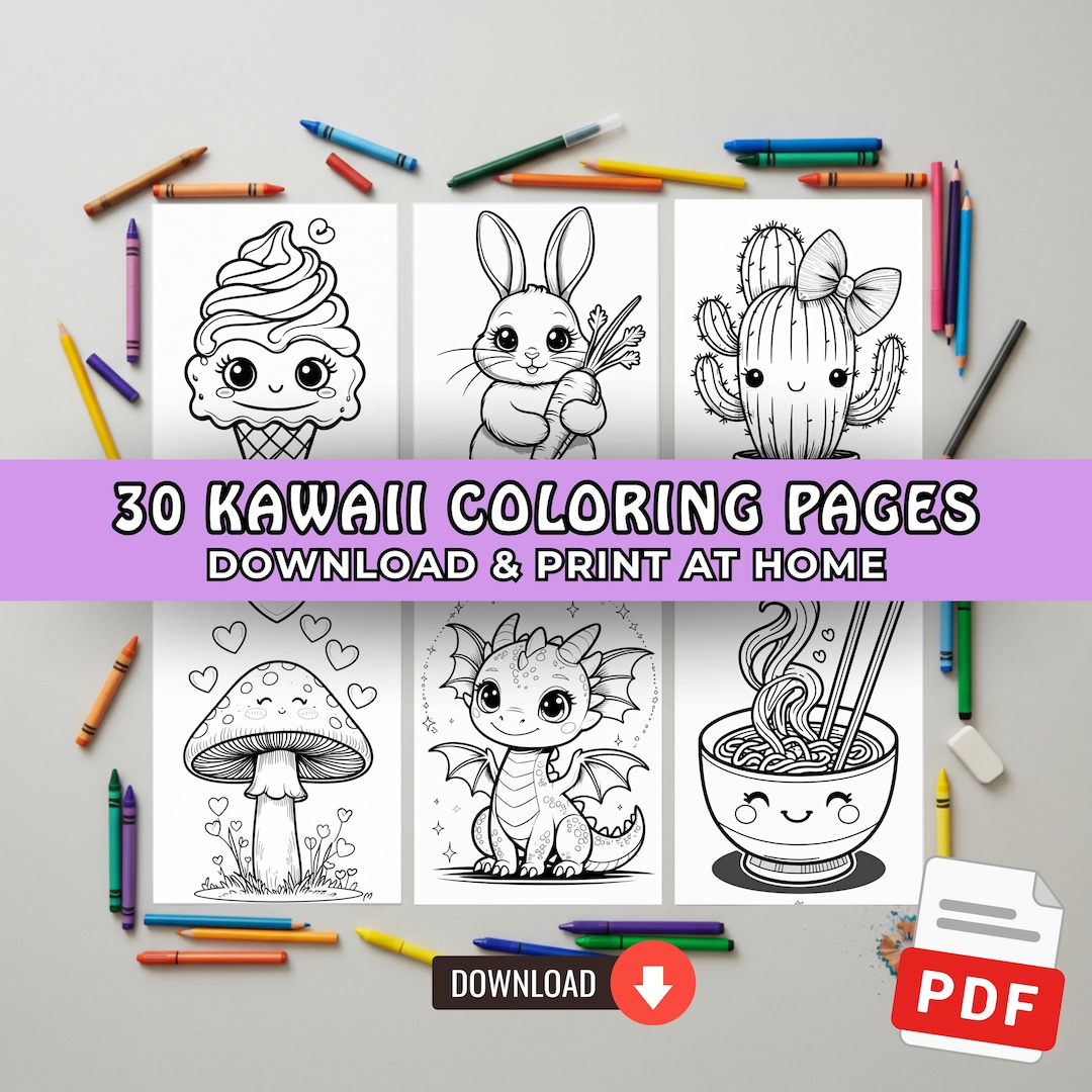 30 Kawaii Coloring Pages for Kids, Printable Kid Activity Pages, Cute ...