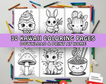 30 Kawaii Coloring Pages for Kids, Printable Kid Activity Pages, Cute Coloring Sheets, PDF Download, Toddler Activity, Coloring for Kids