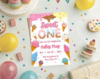 May include: A birthday invitation with the text "Sweet ONE" and ice cream cone illustrations. The invitation includes the name "Adley May", date, time, and address. The image is decorated with balloons, confetti, and desserts.