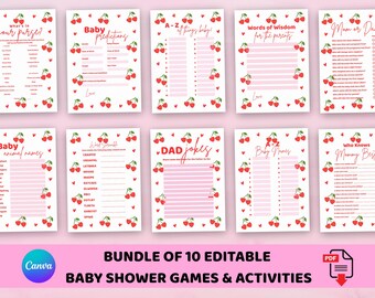 10 babyshowergames en -activiteiten met kersenthema, bewerkbare canvassjabloon, babyshoweractiviteiten, babyspellen, Cherry Sweet babyshower