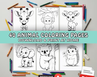 40 Animal Coloring Pages for Kids, Printable Kid Activity Pages, Cute Animals Coloring Sheets, PDF Download, Toddler Activity