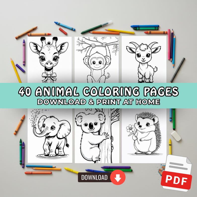 40 Animal Coloring Pages for Kids, Printable Kid Activity Pages, Cute