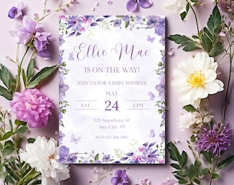 Fioletowe zaproszenie na baby shower z motywem kwiatowym, edytowalny szablon Canva, zaproszenie na baby shower z motywem motyli, fioletowe zaproszenie na przyjęcie dla dziewczynki