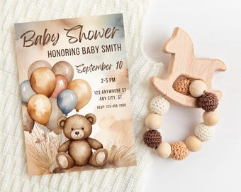 Boho Teddy Bear Baby Shower Invitation Template, Canva Template, Bear with Balloons Invite, Neutral Baby Shower Invite, Gender Reveal Invite