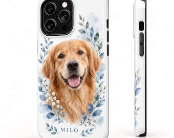 May include: A white smartphone case featuring a watercolor illustration of a golden retriever dog surrounded by blue leaves and small white flowers. The name MILO is printed in dark blue capital letters at the bottom of the case design.