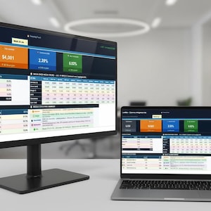 May include: A desktop computer monitor, laptop, and smartphone displaying data analytics dashboards. The screens show charts, graphs, and numerical data in a business setting. The monitor is on a black stand.