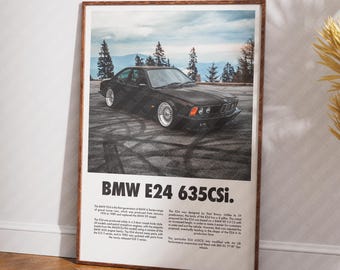 May include: A black BMW E24 635CSi sports car with a white background. The car is parked on a paved road with tire marks behind it. The image is a vintage poster with text describing the car's features.