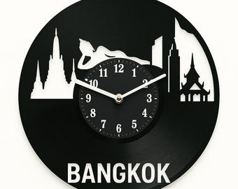Bangkok Vinyl Record Clock – Thai Skyline Wall Art – Handmade Upcycled Gift for Travelers & Asia Lovers