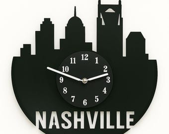 Nashville Vinyl Record Clock – Music City Skyline Wall Art – Handmade Gift for Country Music Lovers