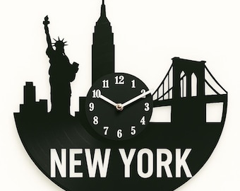 New York City Vinyl Clock – NYC Skyline Wall Art – Brooklyn Bridge & Statue of Liberty