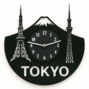 Horloge disque vinyle Tokyo - Art mural ligne d'horizon japonaise - Mont Fuji et tour de Tokyo - Décoration upcyclée faite main