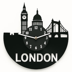 Horloge disque vinyle Londres - oeuvre d'art murale ligne d'horizon - Big Ben et Tower Bridge - cadeau recyclé fait main pour les amateurs du Royaume-Uni