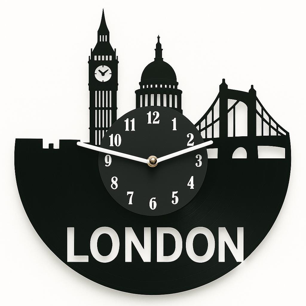 London Vinyl Record Clock – Skyline Wall Art – Big Ben & Tower Bridge – Handmade Upcycled Gift UK Lovers