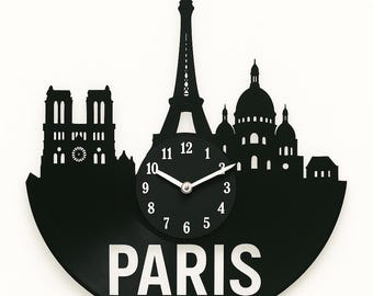 Paris Vinyl Clock – Personalized French Skyline Art – Your Word Here – Upcycled Gift