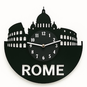 Horloge disque vinyle Rome - oeuvre d'art murale ligne d'horizon italienne - Colisée et Vatican - cadeau recyclé pour les amateurs de voyage