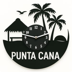 Horloge disque vinyle Punta Cana - oeuvre d'art murale plage tropicale - cadeau recyclé fait main pour les amoureux des voyages et des îles