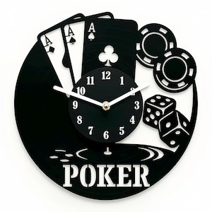 Horloge murale en vinyle de poker - Décoration de casino - Cadeau recyclé fait main pour les joueurs de cartes et les joueurs