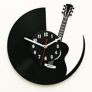 Guitar Vinyl Record Clock – Musical Wall Decor – Handmade Gift for Guitar Lovers