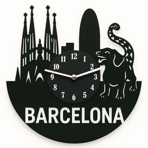 Horloge disque vinyle Barcelone - Art mural Skyline de Gaudí - Cadeau recyclé pour les amoureux de l'Espagne et des voyages