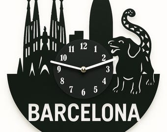 Barcelona Vinyl Record Clock – Gaudí Skyline Wall Art – Upcycled Gift for Spain & Travel Lovers