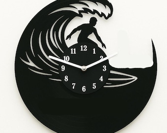 Orologio da parete in vinile con scritta "Surfing Wave" - Decorazione con onde da surf - Regalo per gli amanti della spiaggia