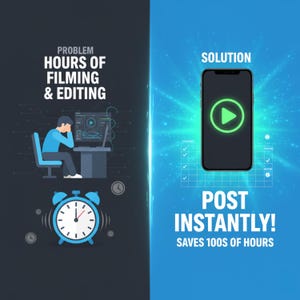 K&ouml;nnte beinhalten: Infografik, die das Problem stundenlangen Filmens und Schneidens mit der L&ouml;sung des sofortigen Postens vergleicht. Die linke Seite zeigt eine Person am Computer und einen blauen Wecker. Die rechte Seite zeigt ein Smartphone mit einer Play-Taste.