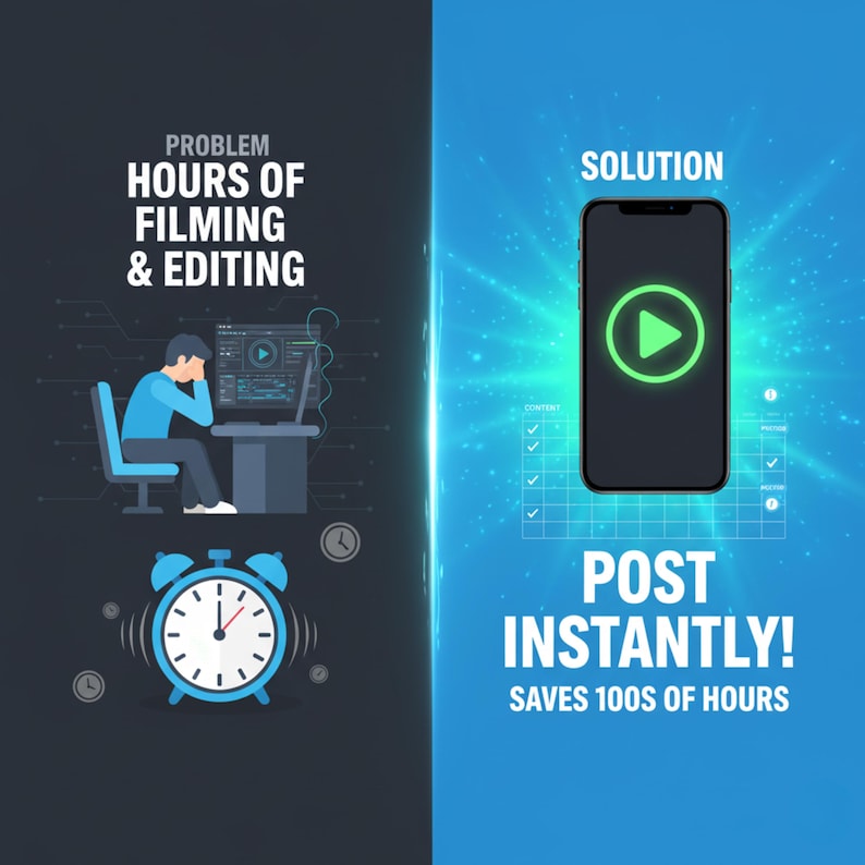 K&ouml;nnte beinhalten: Infografik, die das Problem stundenlangen Filmens und Schneidens mit der L&ouml;sung des sofortigen Postens vergleicht. Die linke Seite zeigt eine Person am Computer und einen blauen Wecker. Die rechte Seite zeigt ein Smartphone mit einer Play-Taste.
