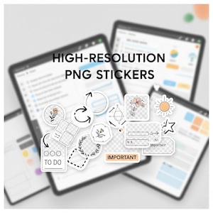 May include: A collection of high-resolution PNG stickers with various designs, including floral illustrations, arrows, geometric shapes, and the words "TO DO" and "IMPORTANT". The stickers are displayed on the screens of several tablets.