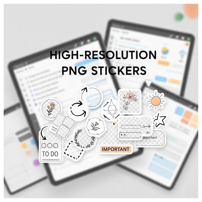 May include: A collection of high-resolution PNG stickers with various designs, including floral illustrations, arrows, geometric shapes, and the words "TO DO" and "IMPORTANT". The stickers are displayed on the screens of several tablets.