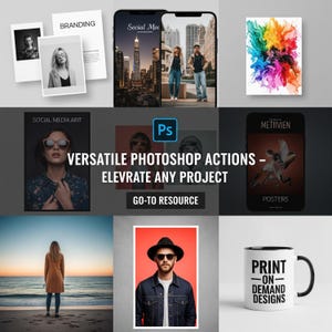 Pu&ograve; includere: Una collezione di mockup di design digitale, tra cui schermi di smartphone, foto e una tazza da caff&egrave;. L'immagine presenta il testo "VERSATILE PHOTOSHOP ACTIONS - ELEVATE ANY PROJECT" e "PRINT ON DEMAND DESIGNS". La tavolozza dei colori include nero, bianco e tonalit&agrave; vivaci.