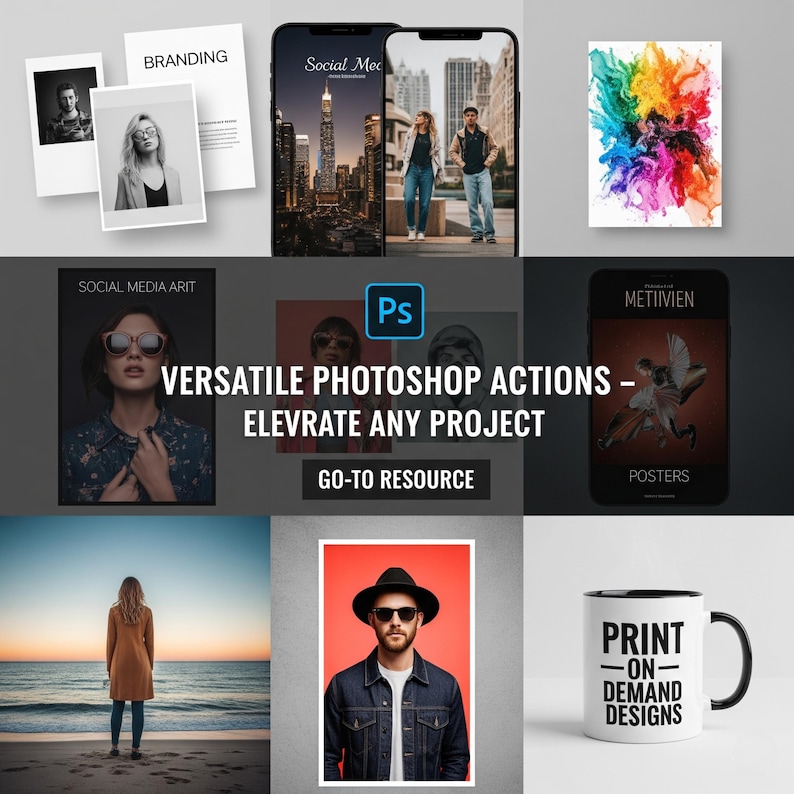 Pu&ograve; includere: Una collezione di mockup di design digitale, tra cui schermi di smartphone, foto e una tazza da caff&egrave;. L'immagine presenta il testo "VERSATILE PHOTOSHOP ACTIONS - ELEVATE ANY PROJECT" e "PRINT ON DEMAND DESIGNS". La tavolozza dei colori include nero, bianco e tonalit&agrave; vivaci.