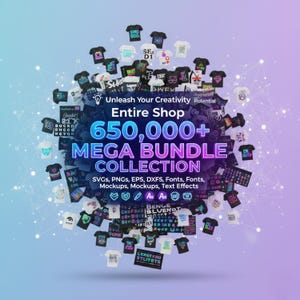 Può includere: Immagine promozionale che mostra una mega raccolta di risorse di design digitale. L'immagine presenta numerose magliette con vari disegni, insieme al testo "Unleash Your Creativity Potential" e "650,000+ MEGA BUNDLE COLLECTION".