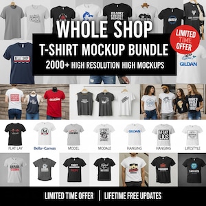 Puede incluir: Una colección de maquetas de camisetas, que incluyen presentaciones planas, colgantes y modelos. La imagen presenta una variedad de camisetas con diferentes diseños y el texto "WHOLE SHOP T-SHIRT MOCKUP BUNDLE" y "LIMITED TIME OFFER".