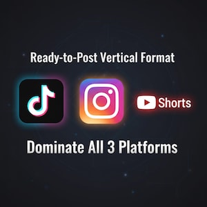 K&ouml;nnte beinhalten: Bild mit dem Text "Ready-to-Post Vertical Format" &uuml;ber den Logos von TikTok, Instagram und YouTube Shorts. Unter den Logos steht der Text "Dominate ALL 3 Platforms". Der Hintergrund ist dunkelblau.