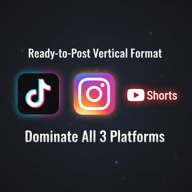 K&ouml;nnte beinhalten: Bild mit dem Text "Ready-to-Post Vertical Format" &uuml;ber den Logos von TikTok, Instagram und YouTube Shorts. Unter den Logos steht der Text "Dominate ALL 3 Platforms". Der Hintergrund ist dunkelblau.