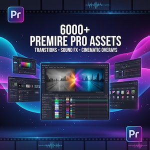 Peut inclure: Visuel promotionnel pour les ressources Premiere Pro. L'image présente le texte "6000+ Premiere Pro Assets" avec des détails sur les transitions, les effets sonores et les superpositions cinématiques. Le fond est un dégradé de bleu, de violet et de rose.