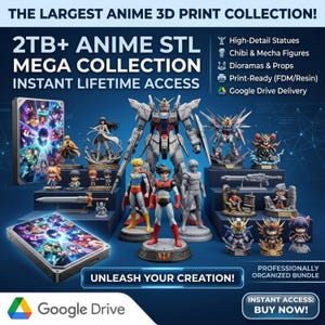 Puede incluir: Imagen promocional que muestra una gran colección de impresiones 3D de anime. La imagen presenta varias figuras de anime, incluyendo robots y personajes, junto con el texto "2TB+ Anime STL Mega Collection" y "Instant Lifetime Access". El logotipo de Google Drive también es visible.