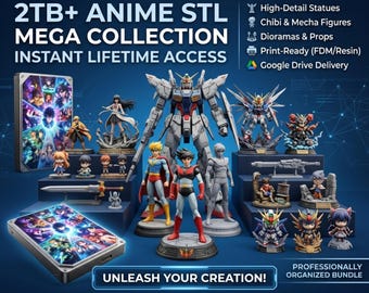 Könnte beinhalten: Werbebild für eine große Anime 3D-Druck-Sammlung. Das Bild zeigt verschiedene Anime-Figuren, darunter Roboter und Charaktere, mit dem Text "2TB+ Anime STL Mega Collection" und "Instant Lifetime Access". Das Google Drive-Logo ist ebenfalls vorhanden.