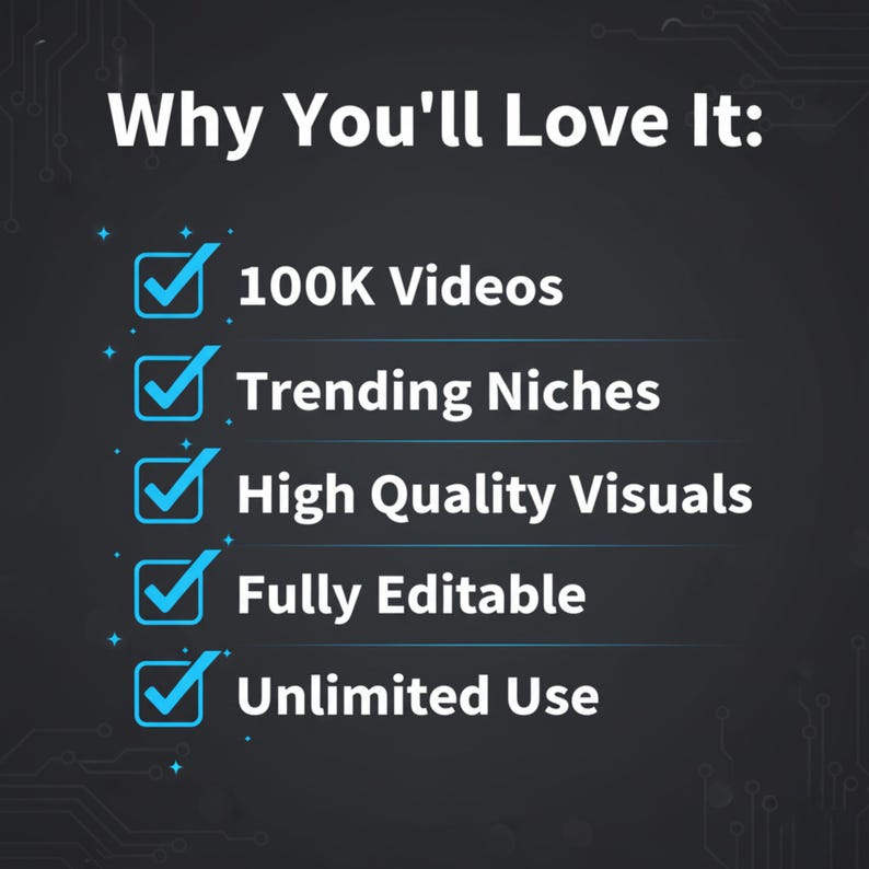 K&ouml;nnte beinhalten: Dunkelgraue Grafik mit wei&szlig;em Text: "Warum Sie es lieben werden:" gefolgt von einer Liste von Funktionen: "100K Videos", "Trendige Nischen", "Hochwertige Visuals", "Vollst&auml;ndig bearbeitbar" und "Unbegrenzte Nutzung".