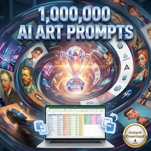 Peut inclure: Graphique d'art numérique avec le texte "1,000,000 AI ART PROMPTS" en blanc. Un ordinateur portable affiche une feuille de calcul, avec un trophée et des illustrations d'artistes célèbres et de personnages de dessins animés. L'image comprend un bouton "Téléchargement instantané".