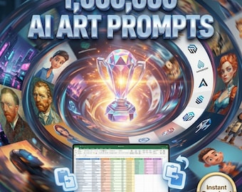 Lot de 1 000 000 d'invites artistiques IA – Collection d'invites ultime à mi-parcours | Fichier Excel | Invites de copier-coller | Boîte à outils AI Art Generator