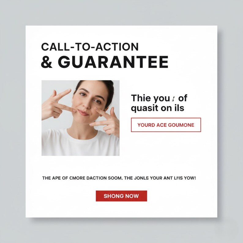 K&ouml;nnte beinhalten: Wei&szlig;er Hintergrund mit dem Text "CALL-TO-ACTION & GUARANTEE" in Schwarz. Eine Frau in einem wei&szlig;en Hemd zeigt auf ihr Gesicht. Der Text "Thie you of quasit on ils" steht &uuml;ber einem roten Button mit "YOURD ACE GOUMONE". Darunter steht "THE APE OF CMORE DACTION SOOM, THE JONLE YOUR ANT LFIS YOW!" und ein roter Button "SHONG NOW".