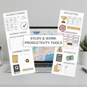 May include: Two white rectangular study and work productivity tools with various icons and text. One tool includes sections for academic planning, assignment tracking, and learning tools. The other tool focuses on goal setting, time management, and organization.